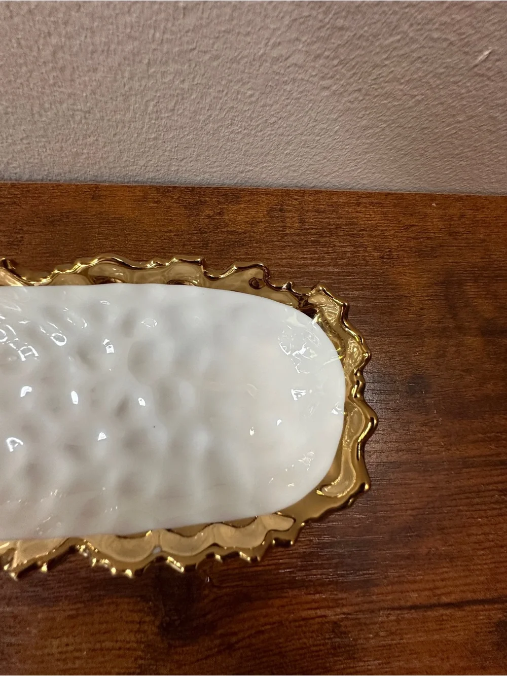 Luna Park Olive Appetizer Serving Dish - Textured White Ceramic with Gold Trim